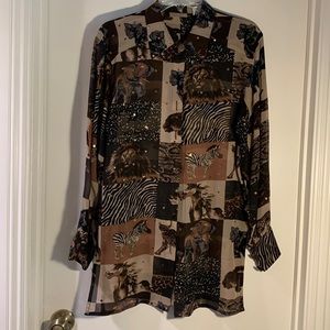 100% Silk long sleeve Tunic-length animal print blouse Classic collar Yolk top L